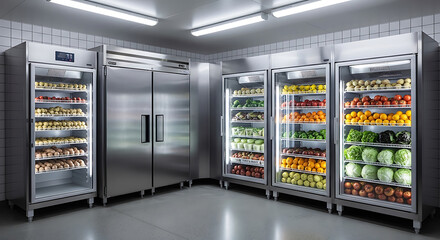 Stainless Steel Commercial Refrigeration Units Stocked with Fresh Produce in a Clean Well Lit Industrial Kitchen or Restaurant