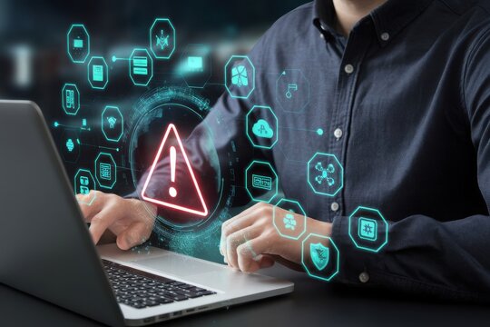 Cybersecurity Alert: Man Investigating Digital Security Breach on Laptop