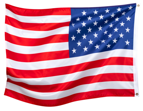 A grand textile banner with bold red and white stripes and a blue field featuring numerous white star shapes