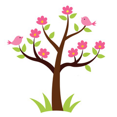 Obraz premium Charming spring scene with a tree birds nesting and delicate pink blossoms