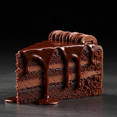 Decadent Chocolate Fudge Cake Slice with Dripping Ganache on Clean Background.