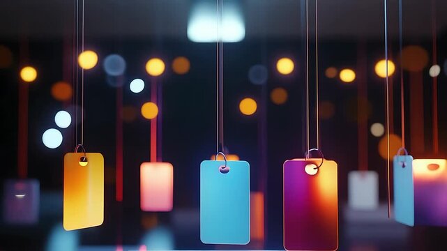 Colorful hanging tags illuminated by soft lights in a modern setting, creating a vibrant atmosphere