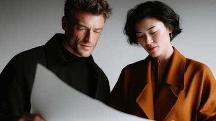 Two individuals reviewing plans in a modern indoor setting during the day