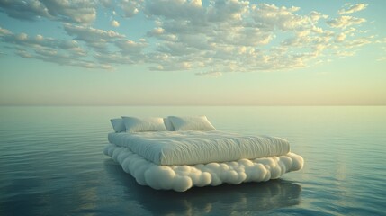 White bed afloat on fluffy clouds over calm water; serene sunrise sky