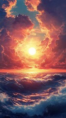 Ocean Waves at Dramatic Sunset with Cloudscape and Golden Light