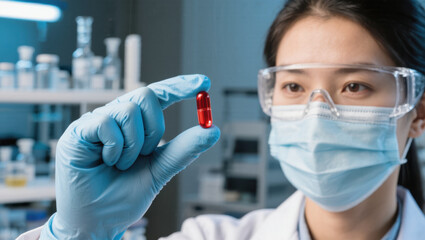 Scientist laboratory medicine research healthcare mask glove safety holding red capsule focus innovation medical Asian female