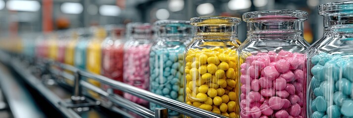 Colorful candy jars line a production line in a candy factory during the daytime