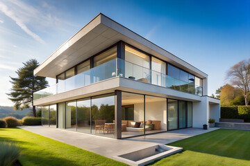 Modern minimalist house with large glass windows and neutral facade under clear sky