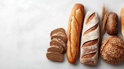 Freshly baked assortment of various bread types including baguette, whole grain, and rye, arranged on a light surface with wheat stalks, showcasing artisanal craftsmanship and delicious textures