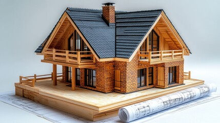 Wooden model house on blueprints