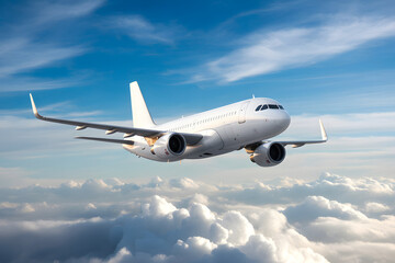 Obraz premium A pristine white airplane soars above the fluffy white clouds against a brilliant blue sky, showcasing modern air travel.