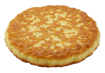 Golden-brown baked round cake with a crispy top, set against a neutral background