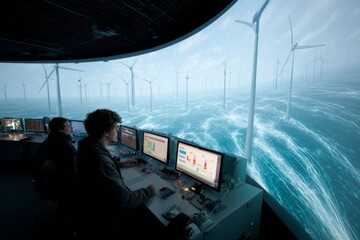 Futuristic control room monitors offshore wind farm metrics. Global energy. Philippines leverages offshore wind to transform energy landscape. Sustainable power. Energy transition.