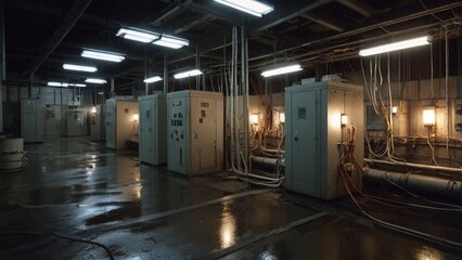 Dark, Industrial Underground Corridor with Electrical Cabinets and Pipes
