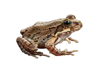 Fototapeta premium Close-up of a brown frog perched on a rock, surrounded by lush greenery and soft light