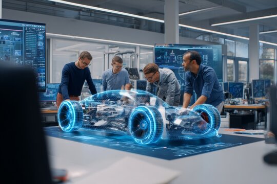 Diverse engineers unite over 3d models to shape electric vehicle future. Solar power. British auto sector embraces change with drive35 initiative for innovation. City electrified. Digital era.