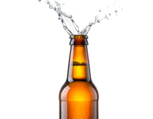 Refreshing Spills: A high-angle, detailed capture showcases the moment of impact as cold liquid erupts from a brown bottle, showcasing droplets against the clean background, representing refreshment.