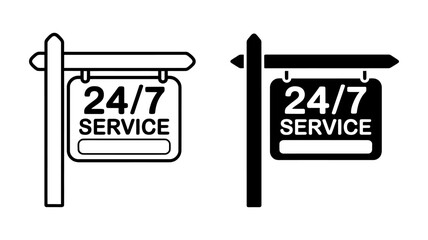 Vector art of two signs indicating 247 service, one in outline and one in solid black
