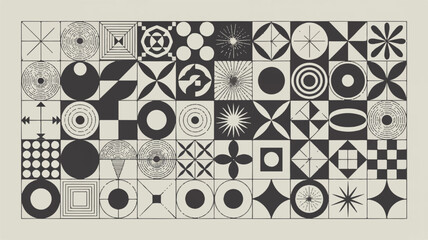 Obraz premium A collection of black and white geometric design elements arranged in a grid pattern on a white background. 