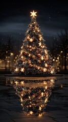 Brightly lit Christmas tree with glowing decorations reflecting on a wet surface at night