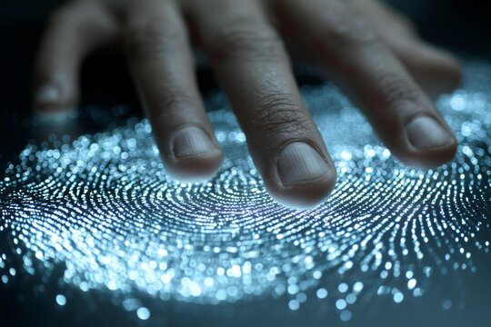 Futuristic interface for secure biometric password entry. Reduced attack impact. Cybersecurity efforts pay off: fewer attacks, less damage. Decreasing cyber incidents. Enhanced digital safety. - Powered by Adobe
