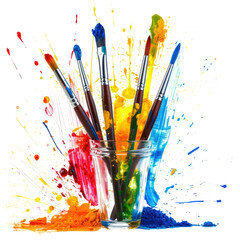 Fototapeta premium Paintbrushes in a glass, surrounded by vibrant splashes of color