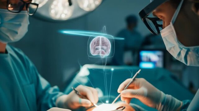 Surgical Team Using Holographic Brain Projection During Operation - Powered by Adobe