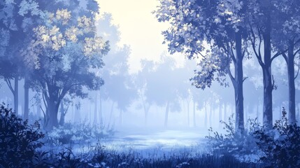 Panorama of a forest in morning mist