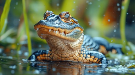 Fototapeta premium A playful alligator hatchling in swampy water