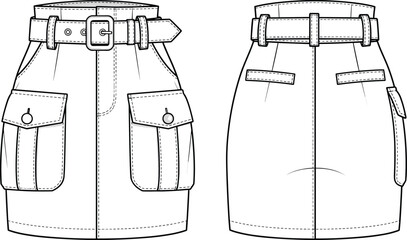 Flat vector fashion cad drawing of mini skirt, front and back view, flap pockets, belt detail, stylish women's bottom wear