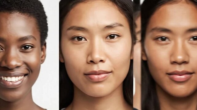 Trio of faces two Asian women with light brown eyes and one Caucasian man with freckles