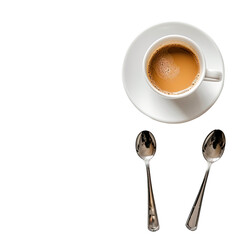 Overhead view of a cup of coffee and two spoons