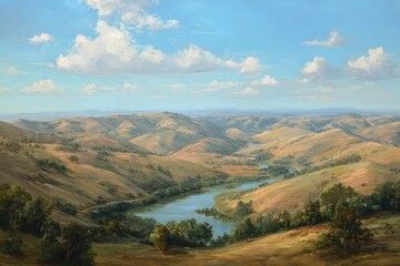 Naklejka premium River meanders through hills; could show serenity, peace; sunny day with few clouds