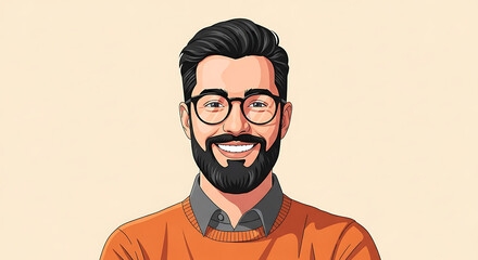 Cartoon Portrait of a Smiling Man with a Beard and Glasses Wearing an Orange Sweater Set Against a