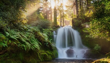 enchanting waterfall in lush forest with vibrant flora and gentle mist illuminated by soft sunlight