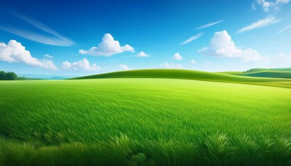 green field with grass and blue sky background landscape cartoon scene