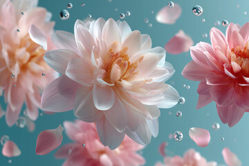 Fototapeta premium Delicate dahlias and petals float gracefully amidst water droplets, capturing a serene and refreshing aesthetic. The blossoms, in various shades of soft pink, are a symbol of beauty and tranquility