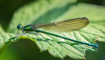 common emerald damselfly resting on a green leaf lestes sponsa