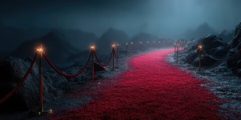 Pathway lined with glowing lights and red carpet in a misty landscape at night