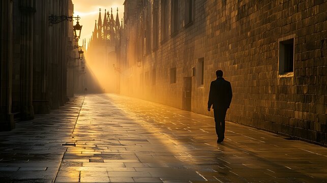 Sunrise in Barcelona: Lone Figure Walking Through Ancient Gothic Streets – Misty Morning Atmosphere
