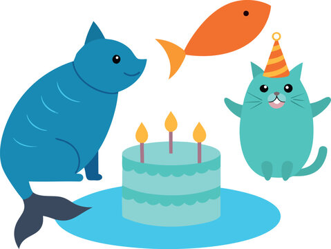 Birthday Card Style Scene With Cats Blowing Out Candles