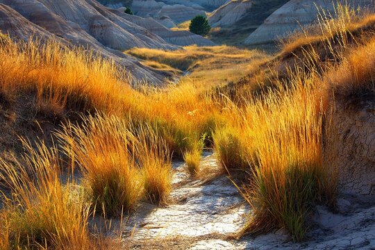 Golden grasses and erosion shadow play in Badlands autumn, light-texture art for photography guides or geographical abstract concepts.