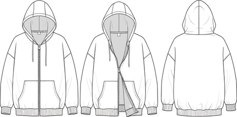 Front, back, and open view of zip up hoodie fashion sketch, blank apparel mockup, casual sweatshirt design template, clothing illustration