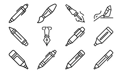 Line Art Icons of Writing and Drawing Tools Including Pens, Pencils, Markers, Paint Brushes, Fountain Pens, and Erasers for Stationery and Creative Design