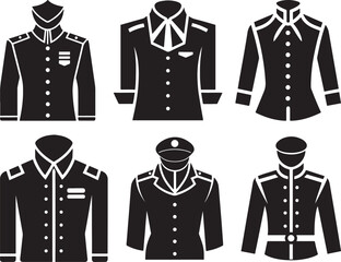 set of military uniforms silhouette, black and white silhouette, vector and illustration