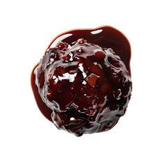 Rich, glossy chocolate sauce with a smooth texture and slight spread on a white background