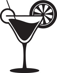 Coctail glass with lemon and drinking silhouette, black and white silhouette, vector and illustration