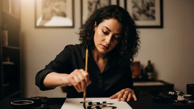 Woman in Black Shirt Practicing Calligraphy at Home Studio
