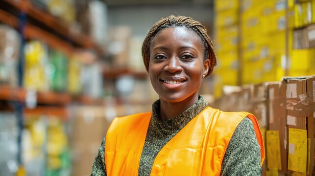 Warehouse worker smiles wearing a high-visibility vest in the warehouse isle, surrounded by stocked shelves.