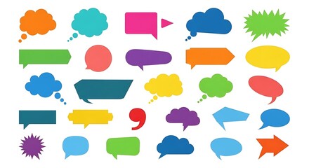 Bold speech bubbles in vivid hues orange pink blue green purple and yellow echoing thoughts against crisp white backdrop